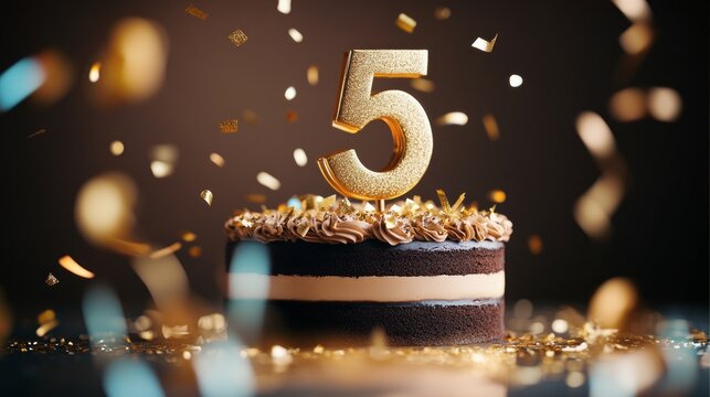 A delicious chocolate cake celebrates a 5th anniversary with golden confetti.