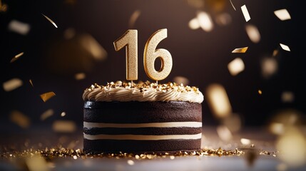 A delicious chocolate cake celebrates a 16th birthday with golden confetti.