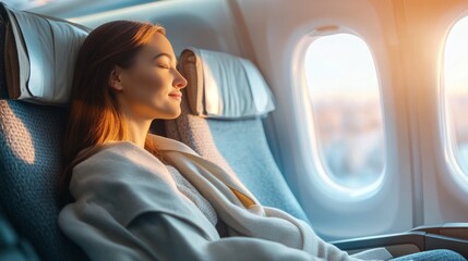Fototapeta premium Woman peacefully sleeping on airplane, sunlight streaming through window.