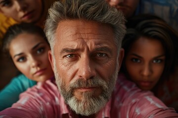 Mature caucasian man with group of diverse young adults