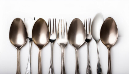silver spoon and fork vertical alignment with center gap space isolated in white background