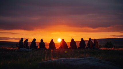 Silhouetted group watching sunset on horizon in peaceful nature scene