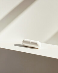 Single white pill resting on a clean surface with soft shadows in a minimalist setting