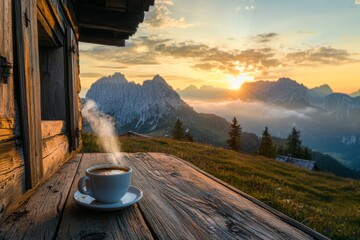 Sunrise coffee in mountain cabin with scenic alpine view
