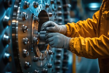 Industrial worker repairing heavy machinery with wrench in factory