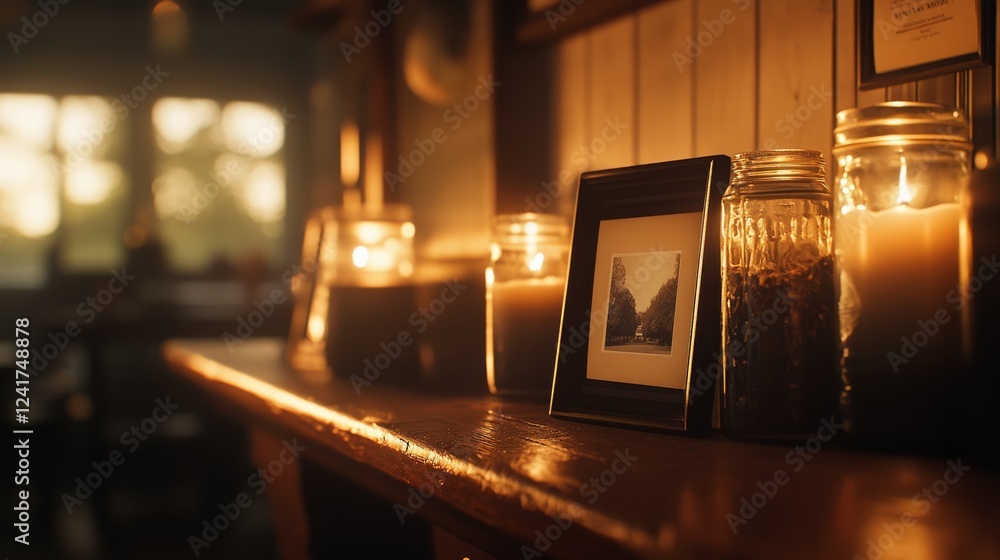 Leinwandbilder framed picture rests on a mantle bathed in warm ambient light, creating a cozy atmosphere with soft 