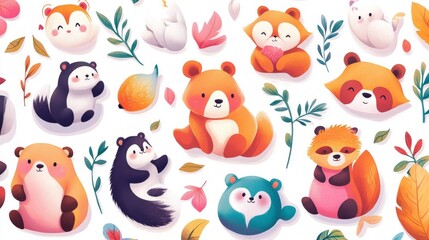 Adorable illustrated animals amidst autumn leaves.