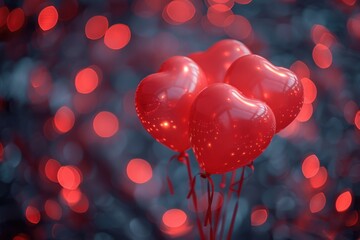 There are three red balloons that are in the shape of hearts, love background, copy space