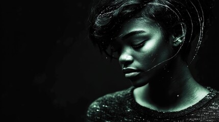 Contemplative african female portrait dark background artistic light