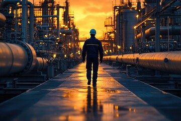 Engineer walking in a refinery at sunset, industrial expertise and energy production