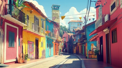 Naklejka premium Colorful Street Scene Vibrant Houses Sunny Day