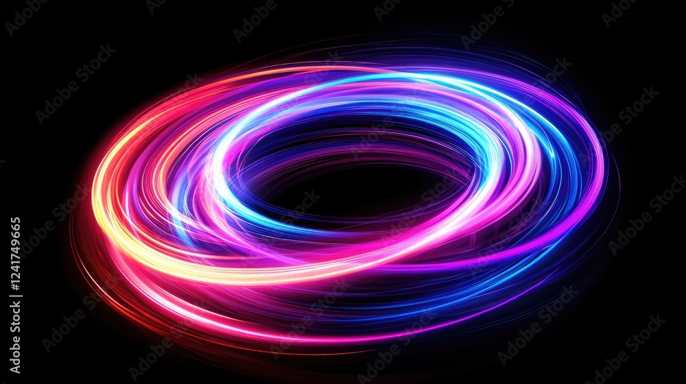Poster Colorful light trails creating swirling abstract circles on black background