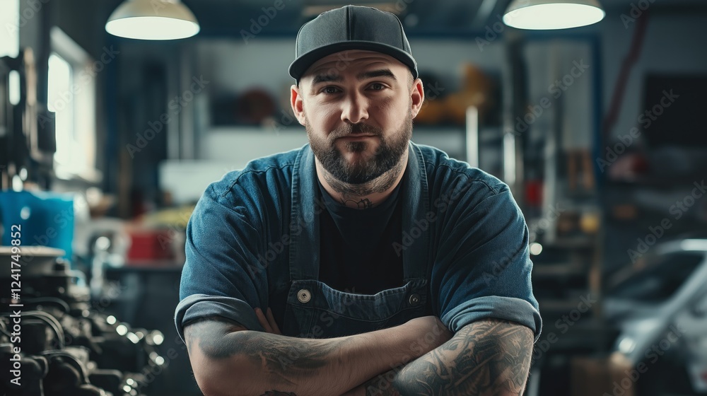 Aufkleber A mechanic showcases his expertise, leaning against a workbench in a busy workshop. Bright lights illuminate an array of tools and vehicles, creating an industrious atmosphere filled with potential