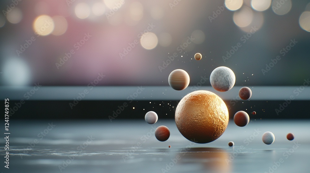 Poster a close-up shot of an orange resting on a table surrounded by several small balls floating nearby