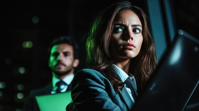 Focused businesswoman with caucasian male colleague in professional office setting at night