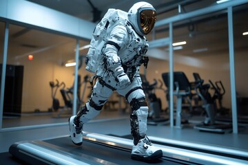 Astronaut running on treadmill in gym wearing spacesuit