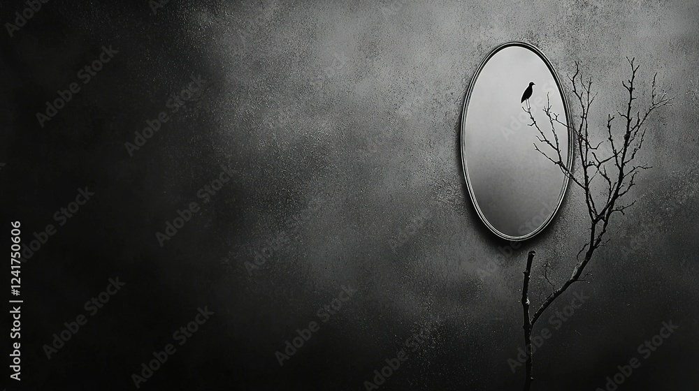 Poster monochrome portrait of a wall mirror with a bird on a branch in the foreground