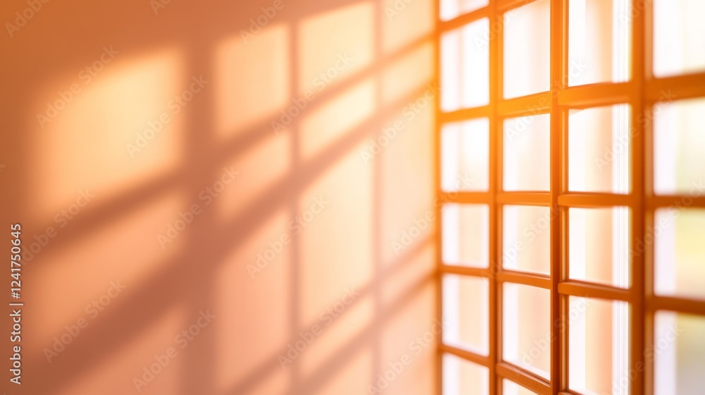 Poster Close-up view of a smooth beige wall showcasing intricate shadows from window frames, producing an abstract and minimalist backdrop ideal for creative projects