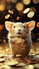 Adorable Mouse Holding Bitcoin Amidst Sparkling Gold Coins