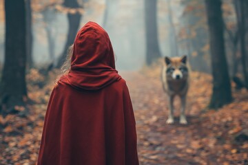 Little red riding hood walking in forest meeting wolf