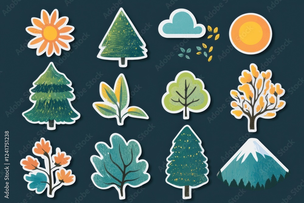 Aufkleber Collection of colorful nature stickers featuring trees and seasonal elements for creative projects. Generative AI