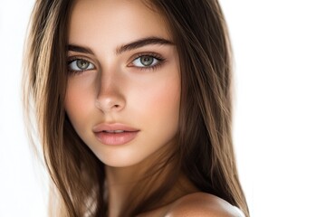 Fototapeta premium A portrait of a beautiful young woman with long brown hair, looking directly at the camera