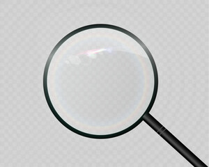 Magnifying glass with transparent lens and realistic reflections on checkered background.