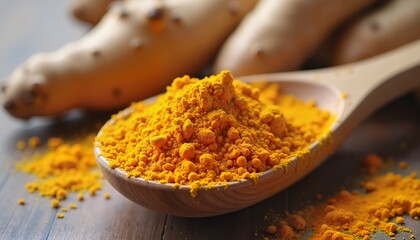 Turmeric powder on wooden spoon, vibrant natural remedy, detox, antioxidant boost concept