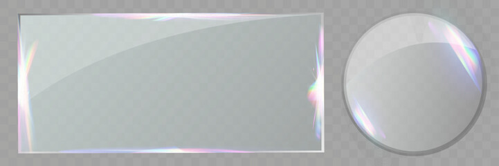Transparent glass panels with reflections and iridescent light effects on dark background.