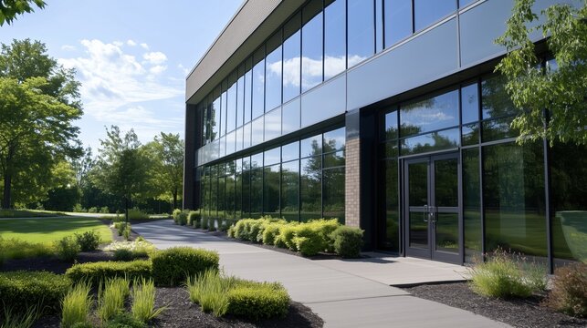 A large glass building with a green lawn in front of it. The building has a modern design and is surrounded by trees
