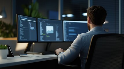 A man is sitting in front of a computer with three monitors. He is working on a project and he is focused