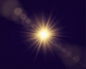 Fototapeta premium Abstract glowing starburst light with golden rays on dark purple background, creating a soft, radiant, and dynamic effect. Perfect for designs, backdrops, or visual themes. 