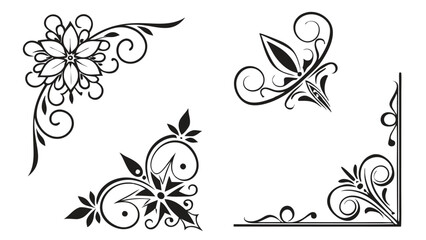 Adobe IllustraFloral Corner Decoration Elements - Black and White Vector Arttor Artwork