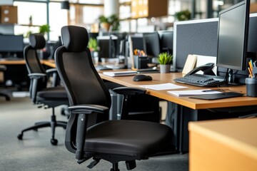 Set in a clean, contemporary environment, ergonomic office chairs and stylish desks emphasize comfort and practicality while providing ample workspace