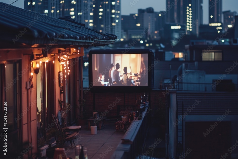 Poster a large screen display on the rooftop of a building