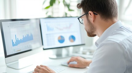 A man is sitting at a desk with two computer monitors in front of him. He is wearing glasses and he is focused on the computer screens. The monitors are displaying various graphs and charts