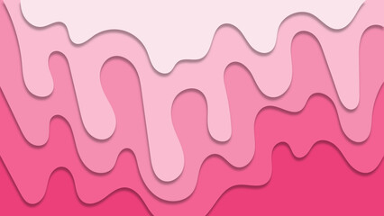 Paper cut illustration of a fresh strawberry milkshake with melted flowing ice cream, creating a whimsical and sweet abstract background. White and pink sweet waves flow over a soft pink backdrop,