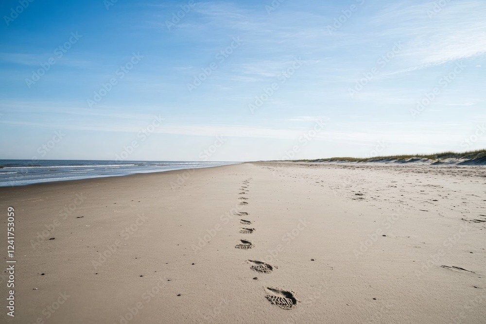 Poster Waves gently wash up on a sandy beach where footprints guide towards the water's edge, creating a peaceful and inviting atmosphere in bright daylight