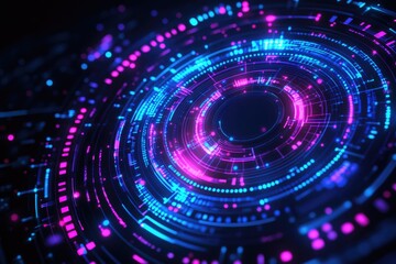 A bright blue and pink circular object lit up in a dark room