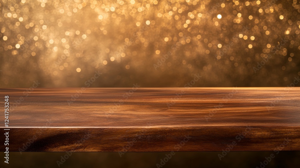Poster empty wooden tabletop stands against a blurred background of sparkling christmas tree lights, offeri
