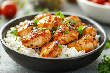Fototapeta premium Delicious glazed chicken with rice and parsley in a bowl