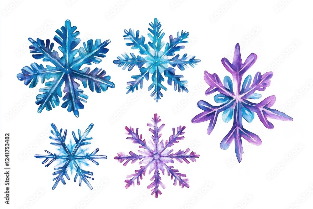 Poster a group of delicate snowflakes sit on a white surface, with intricate patterns and shapes