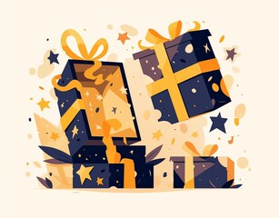  two gift boxes, one open and filled with stars, in a cheerful and bright orange color palette
