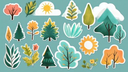 Obraz premium Collection of colorful nature themed stickers featuring trees and plants on a teal background. Generative AI