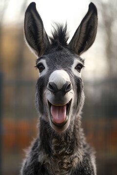 Donkey smiling showing tongue and teeth with big ears