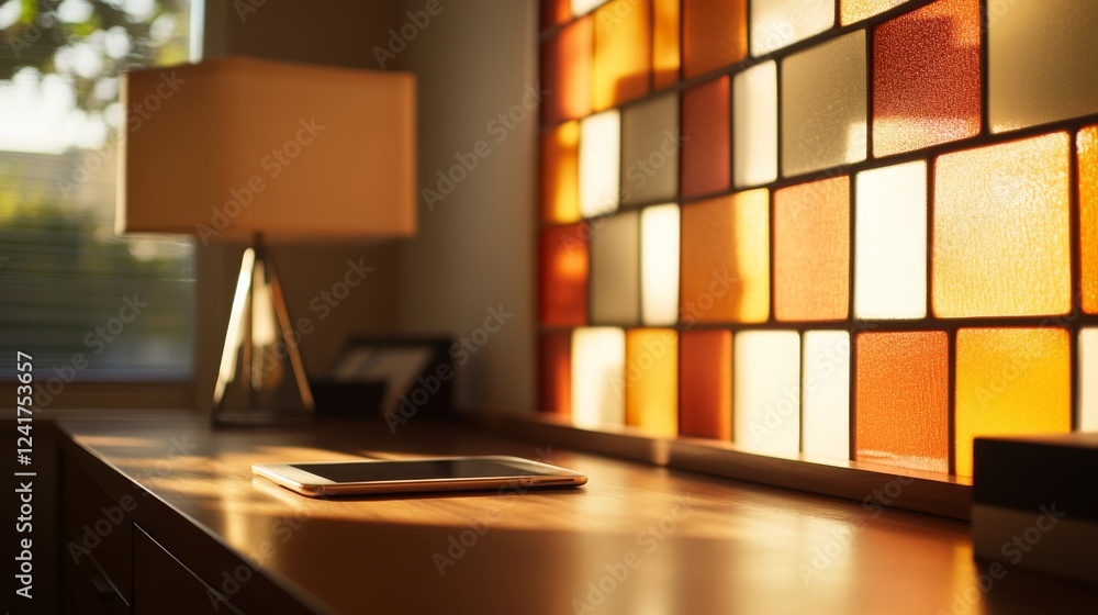 Aufkleber Close-up view of a minimal office desk showcasing a sleek tablet and a geometric lamp, with colorful stained-glass shadows adding visual interest to the workspace