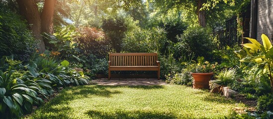 Obraz premium Serene garden scene featuring a wooden bench surrounded by lush greenery and vibrant flowers at sunset