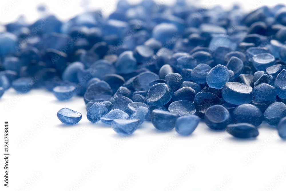 Poster translucent blue glass marbles are scattered across a white surface, creating soft shadows that enha