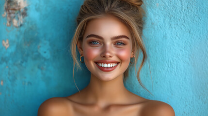 Charming Young Woman Smiling Against a Rustic Blue Wall with Radiant Glow and Natural Beauty

