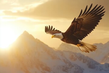 Fototapeta premium A majestic bald eagle soaring over snow-capped mountains with wings spread wide against a golden sunrise sky, symbolizing freedom and strength